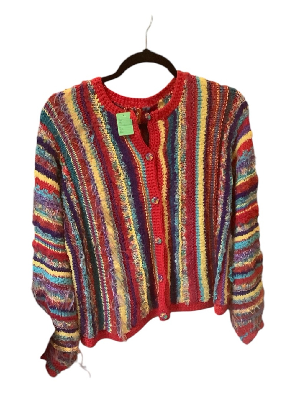 Vintage Multicolor Striped Knit Cardigan - Red Trim